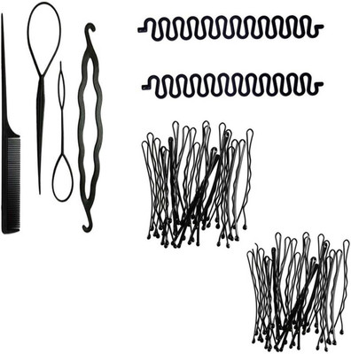 Sharum Crafts 4Pc Comb Set, 2Pc French Choti Maker & 48 Bob Pin Hair Accessory Set(Black)