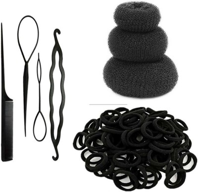 Sharum Crafts 4Pc Comb Set, 3 Hair Donut & 10 Rubber Band Black Hair Accessory Set(Black)