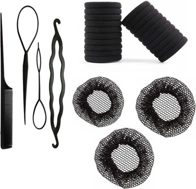 Sharum Crafts 4Pc Comb Set, 20 Rubber Black & 3 Hair Juda Net Hair Accessory Set(Black)