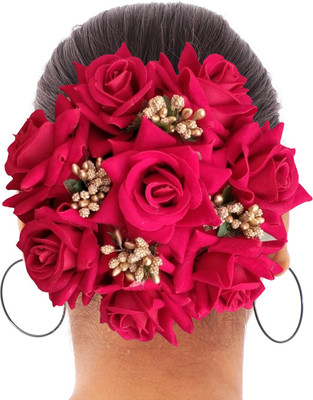 Clixfox Full Bun Red Rose Flower  Bun For Bridal  Hair Extension