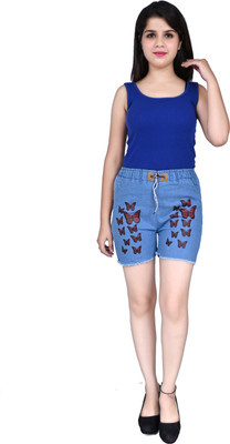 GLAMHOOD Short For Girls Casual Printed Denim(Blue, Pack of 1)