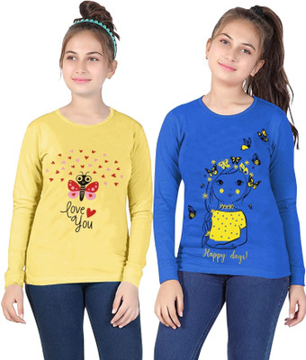 WIN 2 Baby Girls Printed Cotton Blend Regular T Shirt(Yellow, Pack of 2)