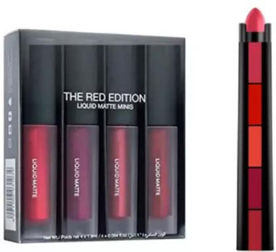 Valhalla Liquid matte mini lipstick 4 pcs + 5in1 creamy lipstick(The red edition, 23.5 ml)