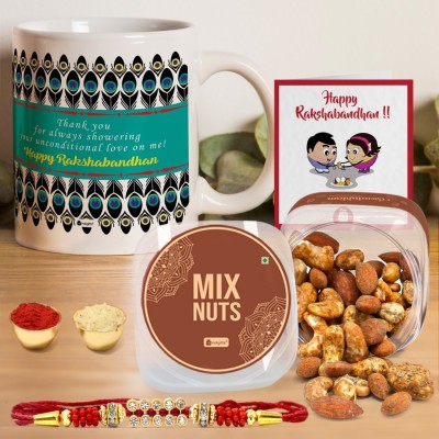 Indigifts Mug, Chawal Roli Pack, Rakhi  Set(1 Coffee Mug, Dry fruits Box, Rakhi, Roli, Chawal, Card)