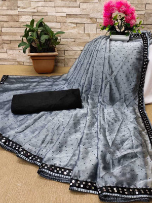 MM VENTURE Embroidered, Solid/Plain Dharmavaram Silk Blend Saree(Grey)