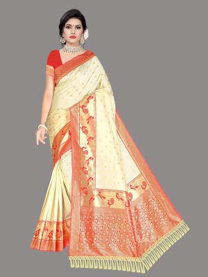 DHARAM FABRICS Woven Banarasi Jacquard Saree(Cream)