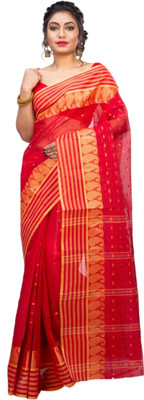 Piyafashion Polka Print Tant Pure Cotton Saree(Red)