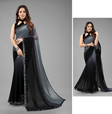 Dhami Embellished, Solid/Plain Bollywood Georgette Saree(Black, Grey)