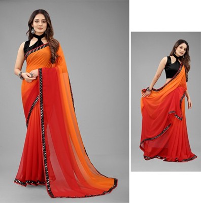 Wamsi Embellished, Solid/Plain Bollywood Georgette Saree(Red, Orange)