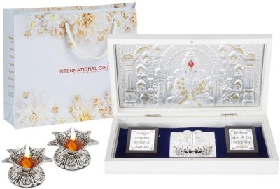 INTERNATIONAL GIFT Silver Ganesh Showpiece Idol With 2 Pcs Golden Jyot Diya Decorative Showpiece  -  4 cm(Silver Plated, Silver)