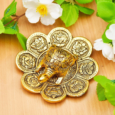 SP Handicrafts Metal Feng Shui Tortoise On Plate Showpiece - Gold Tortoise for Good Luck Money Decorative Showpiece  -  10 cm(Metal, Gold)