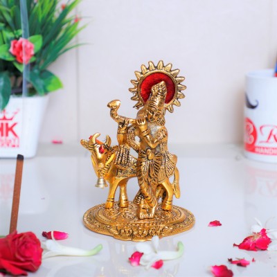 KridayKraft Lord Krishna with Cow Metal Statue, Murti Playing Flute for Temple Pooja Decorative Showpiece  -  16 cm(Aluminium, Gold)