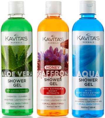 KAVITA'S Shower Gel | Aloevera Shower Gel | Saffron Shower Gel | Aqua Gel | Pack of 3(3 x 500 ml)