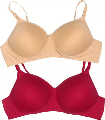 CHILEELIFE Women Full Coverage Lightly Padded Bra(Beige, Red)