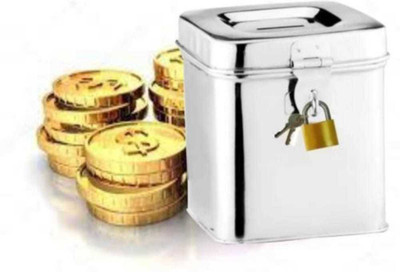 PIYU GIFT Steel square shape coin box with lock & keys Coin Bank(Silver)