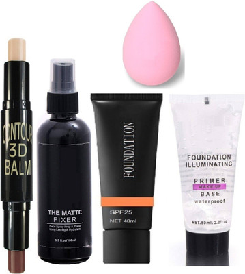 Latixmat Matte finish tube foundation , 2 in 1 concealer stick , makeup up base primer & makeup setting spray with makeup blender(5 Items in the set)