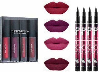 Valhalla liquid matte mini lipstick red edition lipstick plus 4 eyeliner longlasting(8 Items in the set)