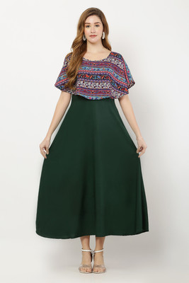 ZKRV Women Fit and Flare Dark Green Maxi/Full Length Dress