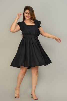 MANOJAVA Women Fit and Flare Black Knee Length Dress