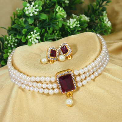 Dhirajart Alloy Gold-plated Maroon, White Jewellery Set(Pack of 1)