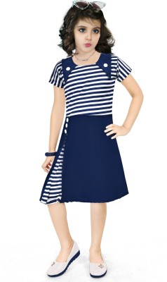 NAIVETY Girls Midi/Knee Length Casual Dress(Dark Blue, Short Sleeve)