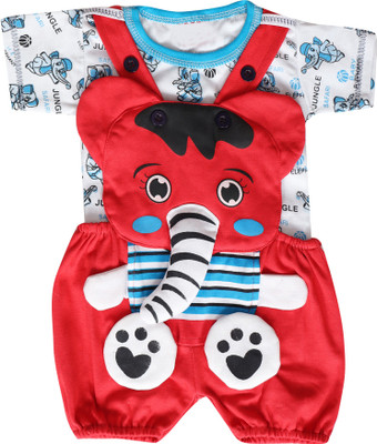 Parasmani Dungaree For Baby Boys & Baby Girls Casual Printed Cotton Blend(Red, Pack of 1)