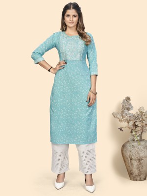 VBUYZ Women Printed Straight Kurta(Light Blue)