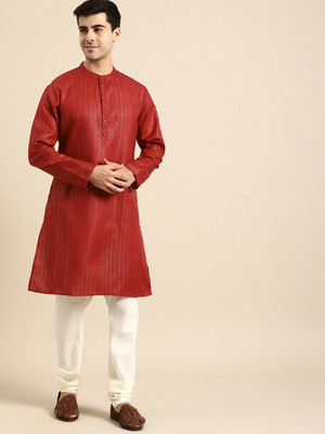 ANOUK Men Striped Straight Kurta(Red)