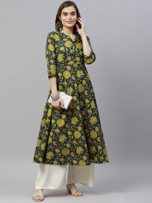 MIRAVAN Women Floral Print Flared Kurta(Green)