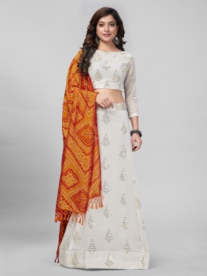 Mamatva Embroidered, Embellished, Self Design Semi Stitched Lehenga Choli(White, Orange)