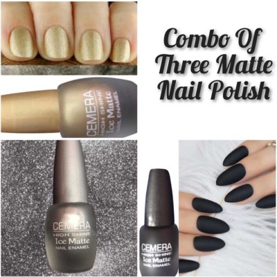 Cemera High Shine Ice Matte Pack Of 3 Nail Polish (Gold, Silver, Black) - (6MLx3) MultiColor(Pack of 3)