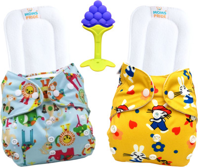MOM'S PRIDE Reusable Exclusive Pocket Cloth Diapers With Inserts Pack of 2 & Teether Combo