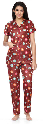 Womenoire Women Printed Brown Shirt & Pyjama set