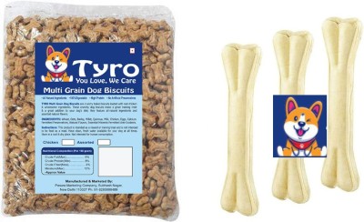 Tyro 1Kg Multi-Grain Chicken Dog Biscuit with 3pc 4Inch High Calcium Chew Bones Chicken 1 kg (2x0.5 kg) Dry Young, Adult Dog Food