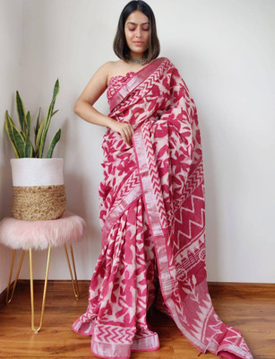 Mervadiya Self Design Banarasi Cotton Linen, Linen Saree(Pink)