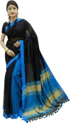 vasundhra fashion Woven Handloom Cotton Silk Saree(Blue, Black)