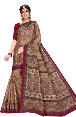 TAMAIRA FASHION Printed Daily Wear Pure Cotton Saree(Brown, Maroon)