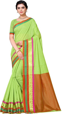 Endues Self Design, Woven, Solid/Plain Banarasi Cotton Blend Saree(Green)