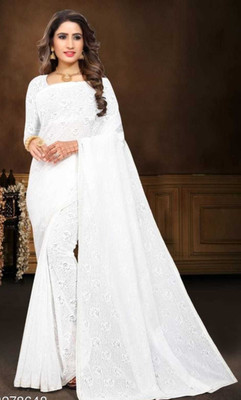 BRAHMANI TEXTILE Self Design Bollywood Net Saree(White)