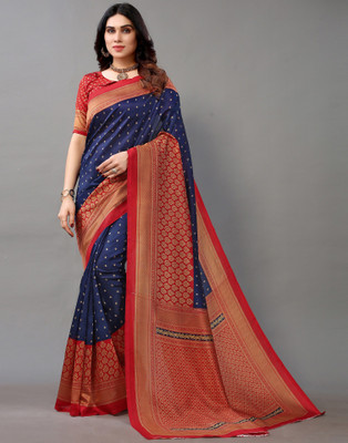 Samah Printed, Geometric Print, Embellished Bhagalpuri Silk Blend, Cotton Silk Saree(Red, Blue)