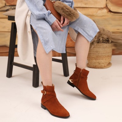 SAINT G SaintG Buckle Decor Tan Leather Ankle Boots Boots For Women(Tan)