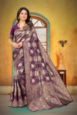 Gold Art Fashion Embellished Kanjivaram Jacquard, Pure Silk Saree(Purple)
