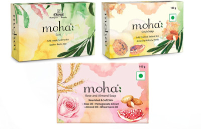 Moha Multi Soap Pack - Herbal Soap, Rose & Almond Soap and Scrub Soap (Pack of 6)(6 x 100 g)
