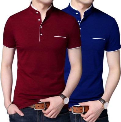 PIXIE FASHION Solid Men Mandarin Collar Maroon, Blue T-Shirt
