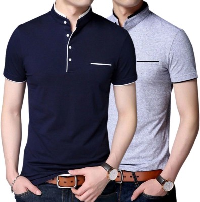GulGuli Solid Men Mandarin Collar Grey, Navy Blue T-Shirt