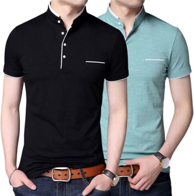 GulGuli Solid Men Mandarin Collar Black, Light Green T-Shirt