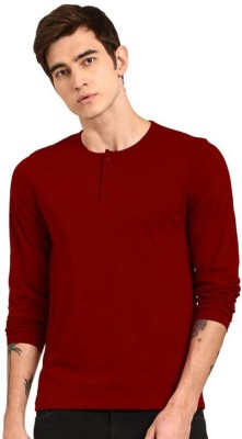 LazyChunks Solid Men Henley Neck Maroon T-Shirt