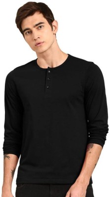 LazyChunks Solid Men Henley Neck Black T-Shirt