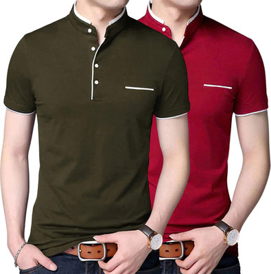 PIXIE FASHION Solid Men Mandarin Collar Dark Green, Red T-Shirt