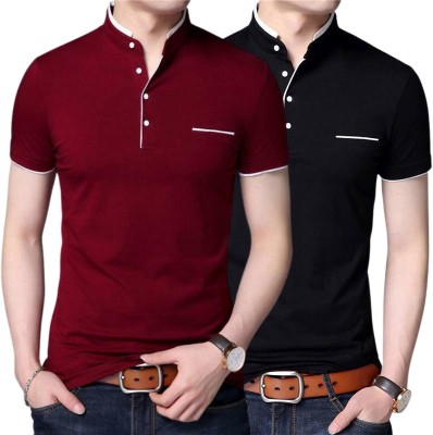 PIXIE FASHION Solid Men Mandarin Collar Maroon, Black T-Shirt